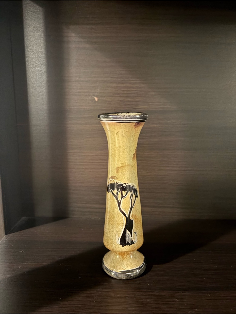 African Hand-Painted Ceramic Bud Vase in Olive Green with Black Trim